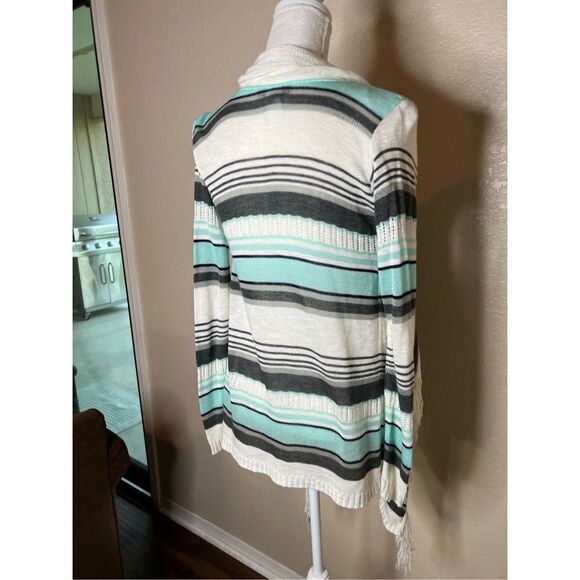 Demanding open cardigan sweater Tiffany blue striped with fringe - medium - Picture 4 of 5